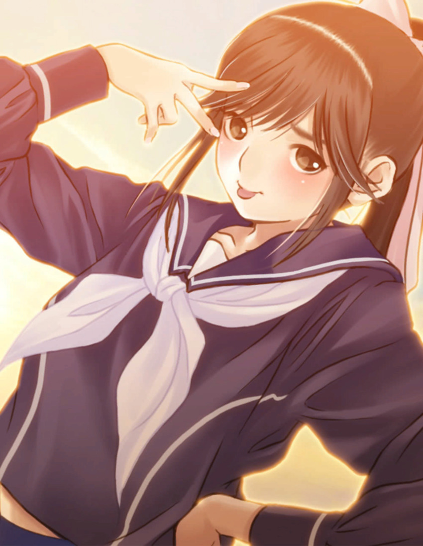 1girl :p black_eyes black_hair blue_sailor_collar blush bow cloud collarbone dutch_angle embarrassed evening gradient_sky hair_bow hair_ribbon hand_on_own_hip hand_up highres long_sleeves looking_at_viewer love_plus neckerchief official_art ponytail ribbon sailor_collar school_uniform serafuku sidelocks sky solo takane_manaka tongue tongue_out upper_body v v_over_eye white_neckerchief white_ribbon winter_uniform