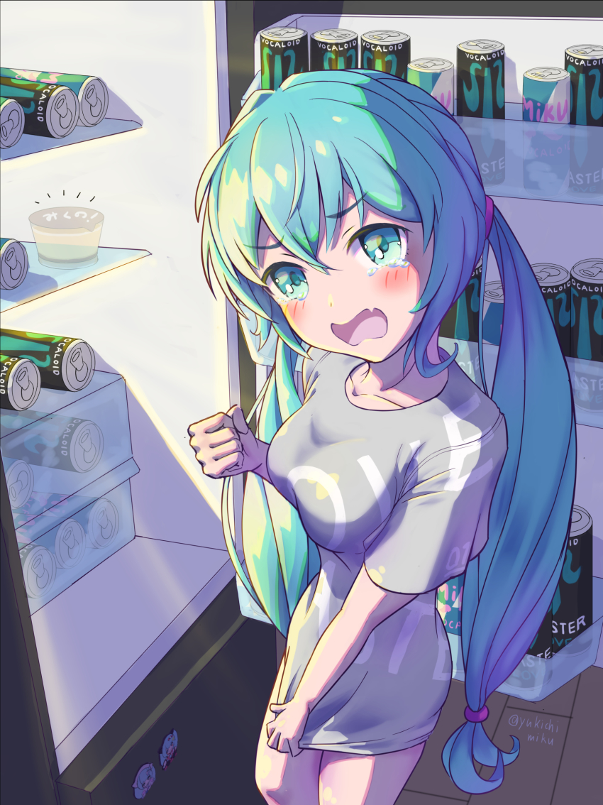 1girl afterimage angry aqua_eyes aqua_hair blush brand_name_imitation breasts clenched_hand commentary cowboy_shot crying cup fang food grey_shirt hair_tie hatsune_miku highres long_hair looking_at_viewer magical_mirai_(vocaloid) magical_mirai_miku magical_mirai_miku_(2020_summer) magical_mirai_miku_(2020_winter) magnet medium_breasts monster_energy night open_mouth pudding refrigerator shirt shirt_tug skin_fang standing tears twintails twitter_username very_long_hair vocaloid yu-ame