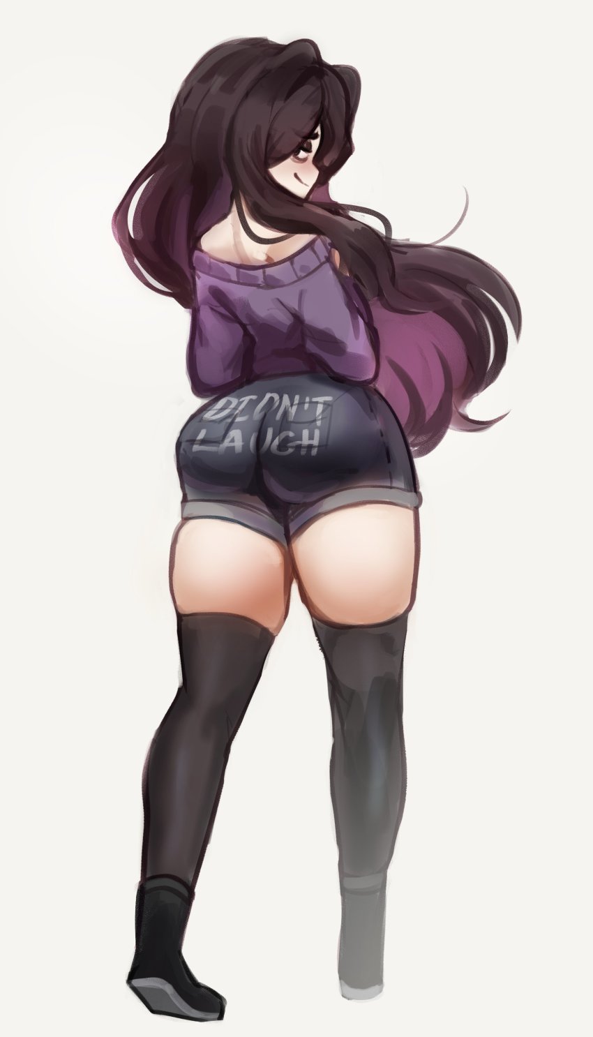 1boy absurdres ass ass_focus black_hair from_behind highres looking_back male_focus original roland_(ms_pigtails) short sky_guy_art smile solo thighhighs trap