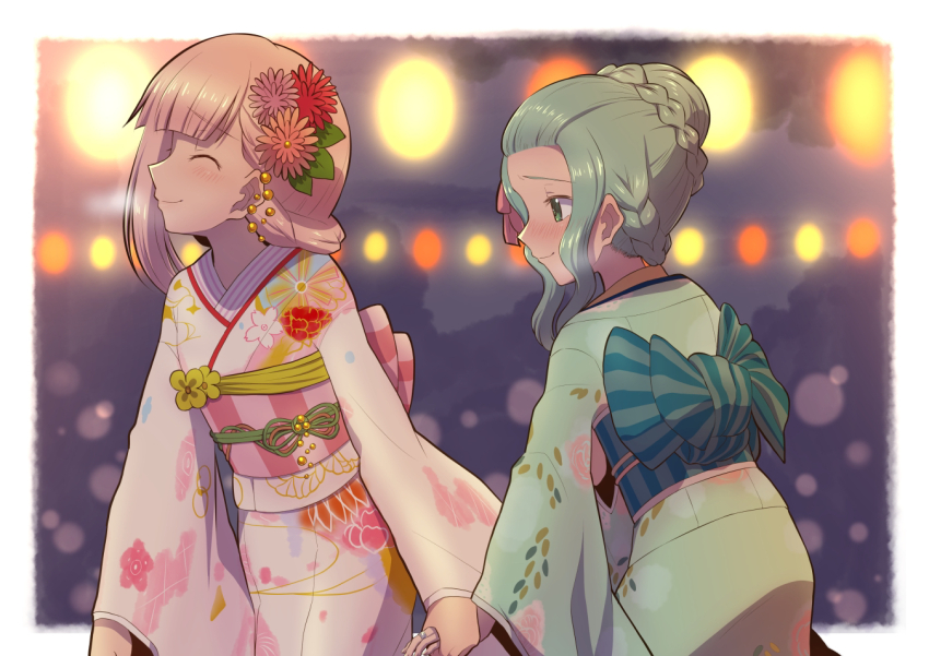 2girls aqua_eyes aqua_hair aqua_kimono bangs_pinned_back blue_sash blunt_bangs blurry blurry_background blush border braid braided_bun closed_eyes commentary_request cowboy_shot floral_print flower from_side furrowed_brow futaba_sana futaba_sana_(haregi_costume) green_eyes green_hair green_ribbon hair_bun hair_flower hair_ornament hair_ribbon han&#039;eri haregi holding_hands japanese_clothes jewelry kanzashi kimono leaf_print long_sleeves looking_at_another magia_record:_mahou_shoujo_madoka_magica_gaiden mahou_shoujo_madoka_magica multiple_girls obi obiage obidome obijime official_alternate_costume pink_flower pink_hair pink_kimono pink_ribbon pink_sash print_kimono profile ribbon ring rose sakuramon sash sidelocks single_sidelock smile striped_sash tamaki_iroha tamaki_iroha_(haregi_costume) touyu_(yuruyuruto) tress_ribbon wavy_hair white_border wide_sleeves