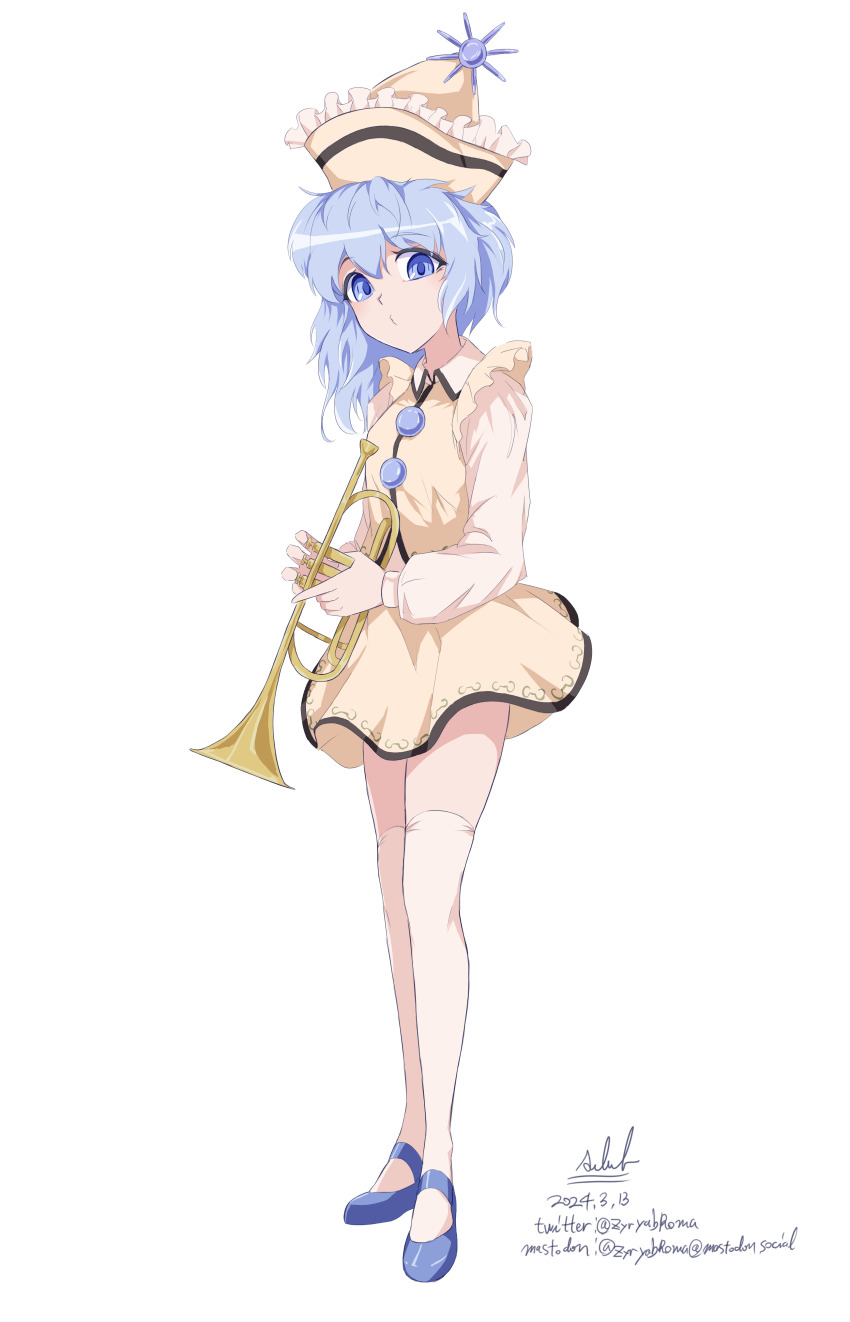 1girl absurdres blue_eyes blue_hair blue_shoes buttons commentary english_commentary frilled_hat frills full_body hat highres holding holding_instrument instrument long_sleeves mary_janes medium_hair merlin_prismriver miniskirt o3o pink_hat pink_skirt pink_vest pointy_hat puffy_sleeves shirt shoes simple_background skirt skirt_set solo standing sun_hat_ornament thighhighs touhou trumpet vest white_background white_shirt white_thighhighs zettai_ryouiki zyryab