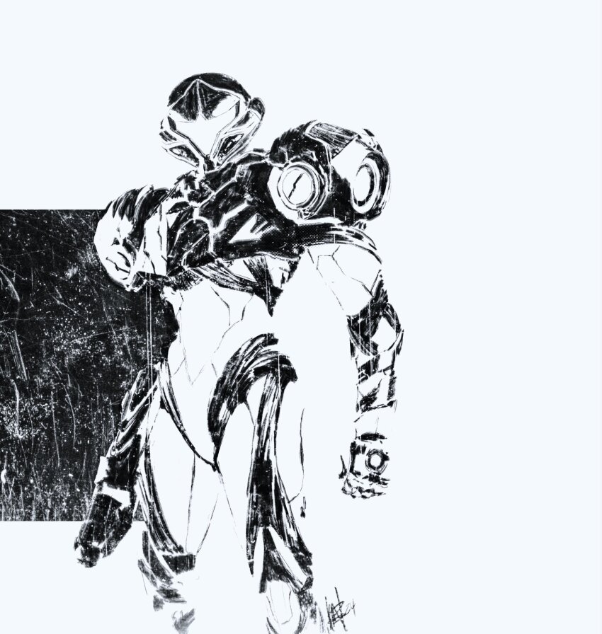 1girl alzandahh arm_cannon armor assault_visor commentary english_commentary facing_viewer gun helmet highres metroid metroid_dread monochrome nintendo normal_suit_(metroid) power_armor power_suit power_suit_(metroid) samus_aran science_fiction simple_background sketch solo weapon white_background