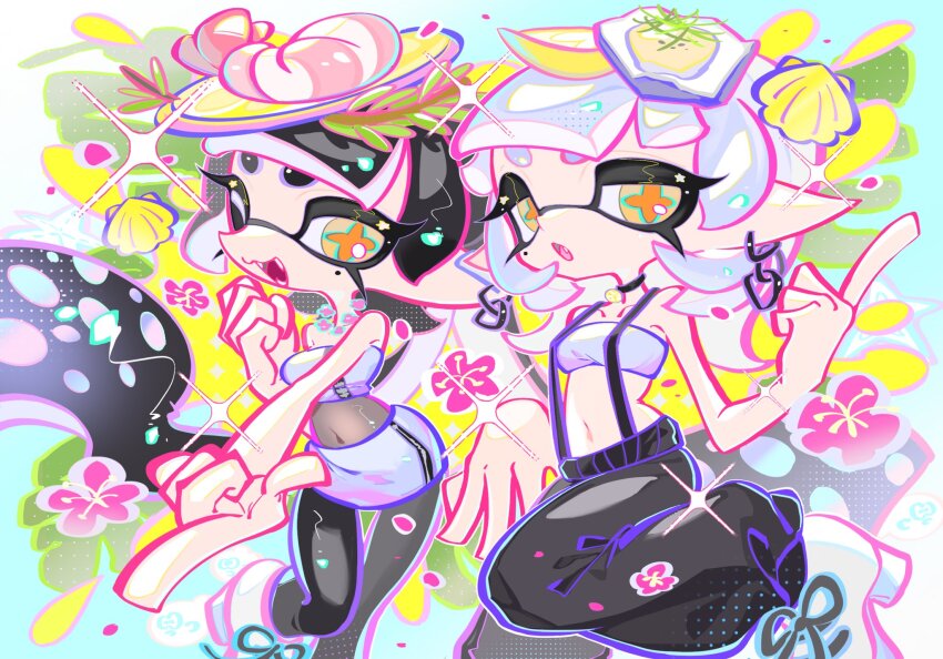 2girls :o baggy_pants bare_shoulders black_choker black_hair black_pants black_pantyhose blunt_bangs boots breasts callie_(splatoon) callie_(summer_nights)_(splatoon) chain chain_earrings choker clenched_hand collarbone commentary_request fangs flower flower_necklace food food_on_head fruit grey_hair hand_up highres holographic_clothing inkling jewelry lemon lemon_slice long_hair marie_(splatoon) marie_(summer_nights)_(splatoon) medium_hair midriff miniskirt mole mole_under_eye multicolored_background multiple_girls navel necklace nintendo object_on_head official_alternate_costume official_alternate_hairstyle one_eye_closed open_mouth orange_pupils outstretched_arm oyster pants pantyhose pencil_skirt pink_flower pointing pointy_ears purple_tube_top seashell shell short_eyebrows shrimp sidelocks skirt sparkle splatoon_(series) splatoon_3 standing standing_on_one_leg strapless suspenders tentacle_hair thick_eyebrows tube_top twintails very_long_hair white_footwear xiaoyunatie yellow_eyes zipper zipper_skirt