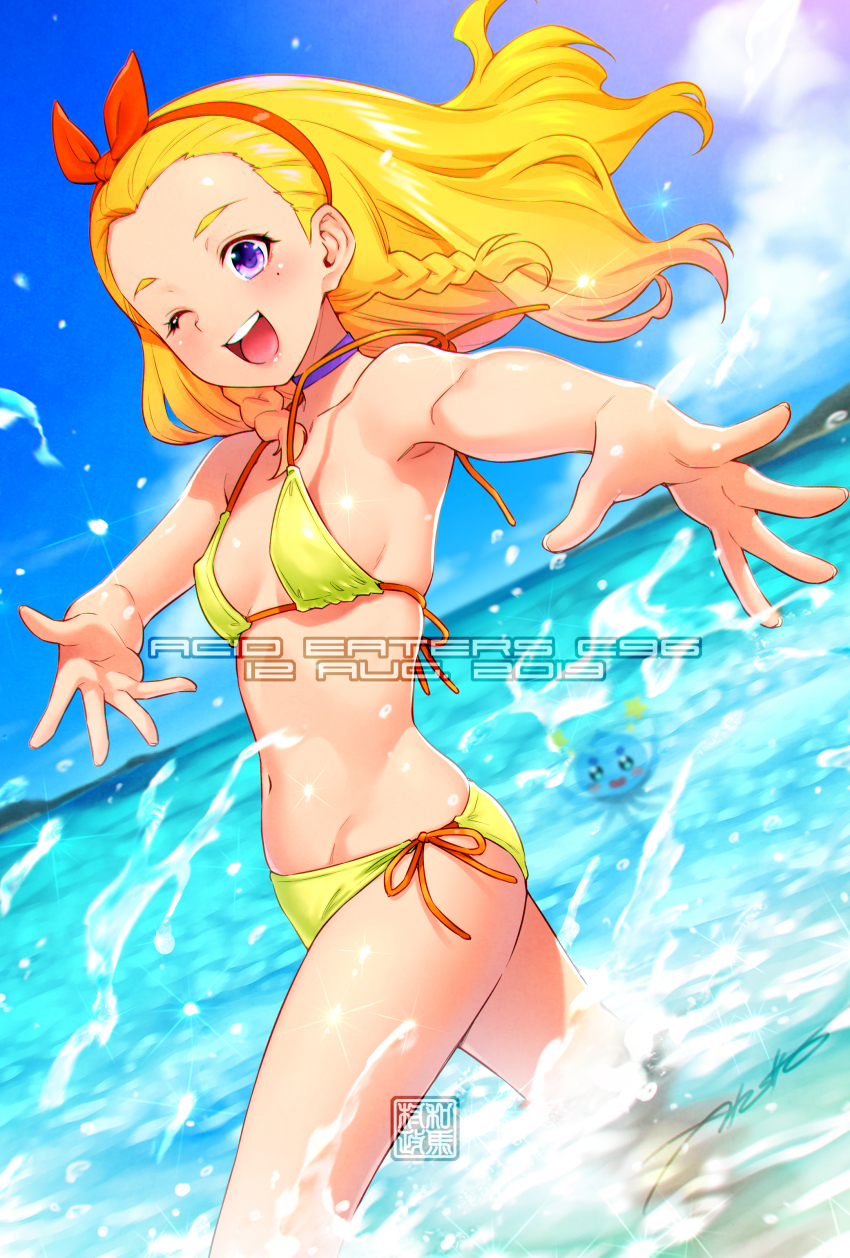 1girl :d absurdres amamiya_elena artist_logo bare_arms bare_legs bikini blonde_hair blue_sky blurry blurry_background blush bow bow_hairband breasts choker circle_name cloud collarbone commentary covered_navel dated day floating_hair groin hair_bow hairband highres island kazuma_muramasa logo long_hair looking_at_viewer navel ocean open_mouth orange_ribbon outdoors precure prunce_(precure) purple_choker purple_eyes red_bow red_hairband ribbon side-tie_bikini_bottom sideboob signature sky small_breasts smile solo splashing standing star_twinkle_precure summer swimsuit wading wardrobe_malfunction yellow_bikini