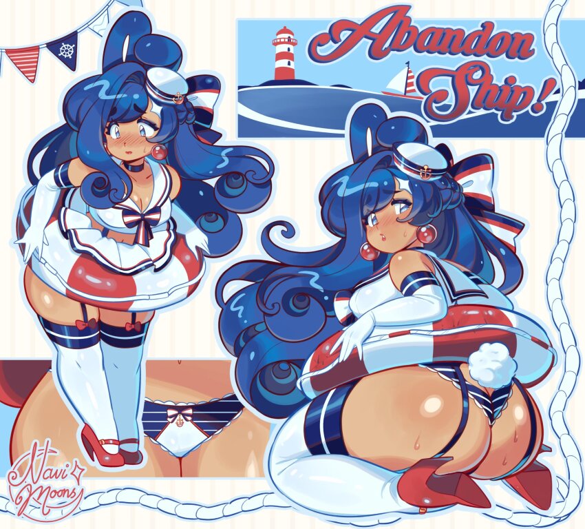 1girl animal_ears artist_logo artist_name ass bare_shoulders bikini blue_bikini blue_bow blue_choker blue_eyes blue_hair blush boat bow choker commentary constellor cropped_shirt curly_hair curvy dione_(constellor) earrings elbow_gloves embarrassed english_commentary english_text from_behind full_body furrowed_brow garter_straps gloves hair_bow hat high_heels highres jewelry large_bow legs_together lighthouse logo long_hair looking_at_viewer looking_back miniskirt multicolored_bow multiple_views navel original outline parted_lips pearl_earrings pennant red_bow red_high_heels red_shoes rope sailor sailor_hat shirt shoes skirt sleeveless sleeveless_shirt standing striped_bikini striped_bow striped_clothes sweat swim_ring swimsuit tareme thick_thighs thighhighs thighs water watercraft white_background white_bow white_gloves white_hat white_outline white_shirt white_skirt white_thighhighs