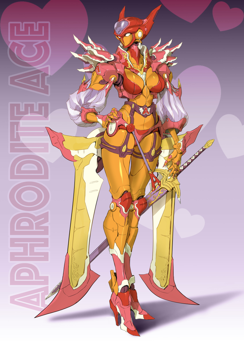 1girl absurdres aphrodai_a breasts character_name heart highres holding holding_sword holding_weapon maeda_hiroyuki mazinger_(series) mazinger_z mecha medium_breasts robot shadow sheath sheathed solo super_robot sword weapon white_eyes