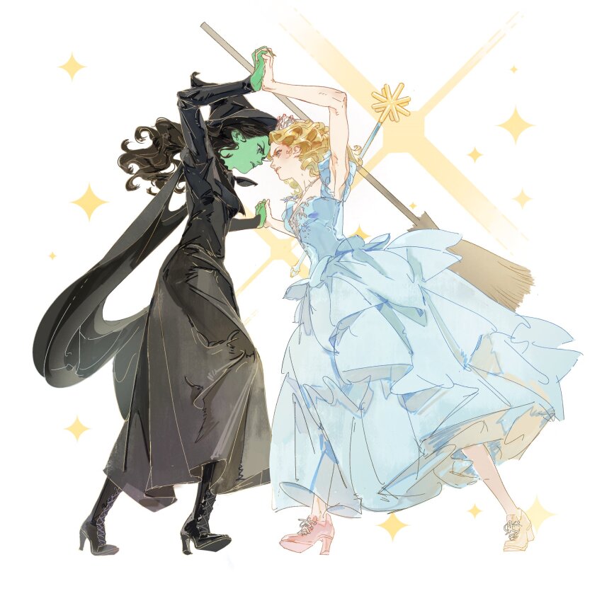 2girls black_cape black_dress black_footwear black_hair blonde_hair blue_dress boots breasts broom cape colored_skin dress elphaba_thropp fighting fingernails forehead-to-forehead full_body furrowed_brow good_witch_of_the_north green_skin hat heads_together high_heel_boots high_heels highres holding_hands interlocked_fingers long_dress long_fingernails long_sleeves medium_breasts multiple_girls parted_lips pink_shoes puffy_short_sleeves puffy_sleeves shoes short_sleeves siyemmm sparkle sweatdrop tiara wand white_background wicked witch witch_hat