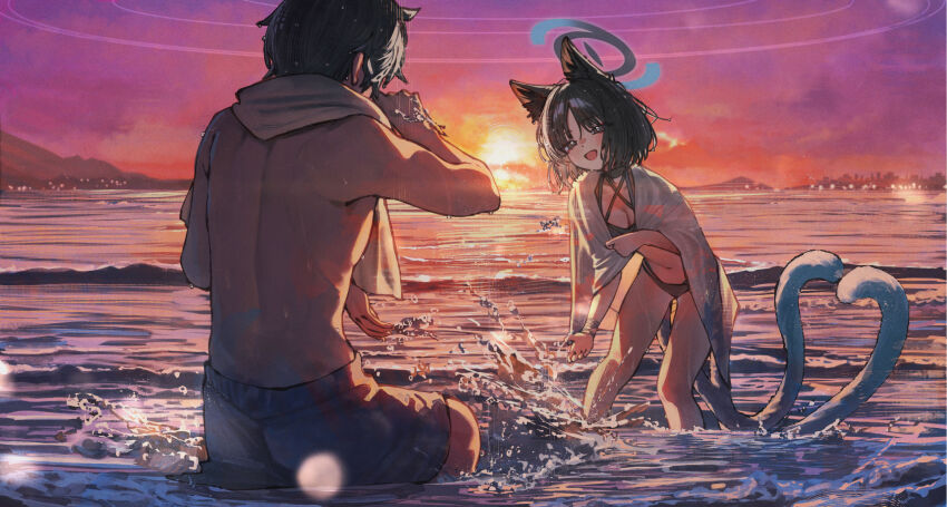 1boy 1girl animal_ears betabeet bikini black_hair blue_archive blush breasts bright_pupils cat_ears cat_tail choker cleavage commentary facing_another halo haori highres japanese_clothes kikyou_(blue_archive) kikyou_(swimsuit)_(blue_archive) multiple_tails navel official_alternate_costume outdoors playing sensei_(blue_archive) short_hair smile splashing sunset swimsuit tail topless_male towel towel_around_neck twilight wading white_pupils