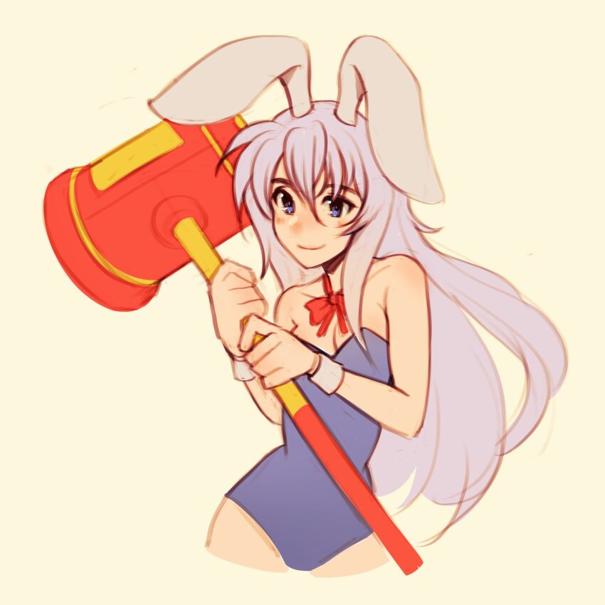 1girl animal_ears bow bowtie breasts cleavage closed_mouth cropped_legs detached_collar erina_(rabi-ribi) hammer happy highres holding holding_hammer leotard long_hair medium_breasts oxcoxa toy_hammer playboy_bunny purple_eyes purple_hair purple_leotard rabbit_ears rabbit_girl rabi-ribi red_bow red_bowtie smile solo very_long_hair wrist_cuffs