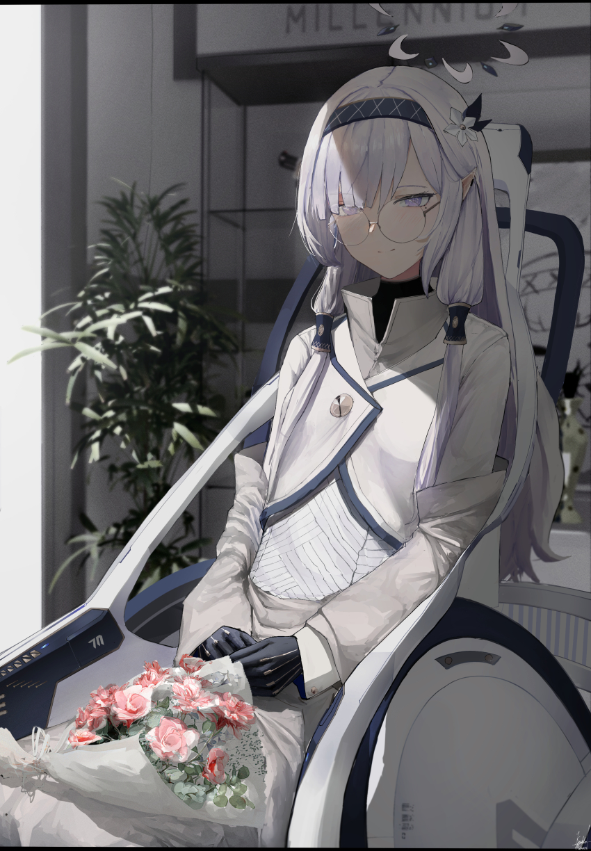 1girl absurdres bespectacled black_gloves black_hairband black_shirt blue_archive blush bouquet flower glasses gloves hair_flower hair_ornament hairband highres himari_(blue_archive) jacket kyatto-mikazu long_hair looking_at_viewer pink_flower plant pointy_ears potted_plant purple_eyes round_eyewear shaded_face shirt sidelocks smile turtleneck turtleneck_shirt wheelchair white_blanket white_flower white_hair white_jacket