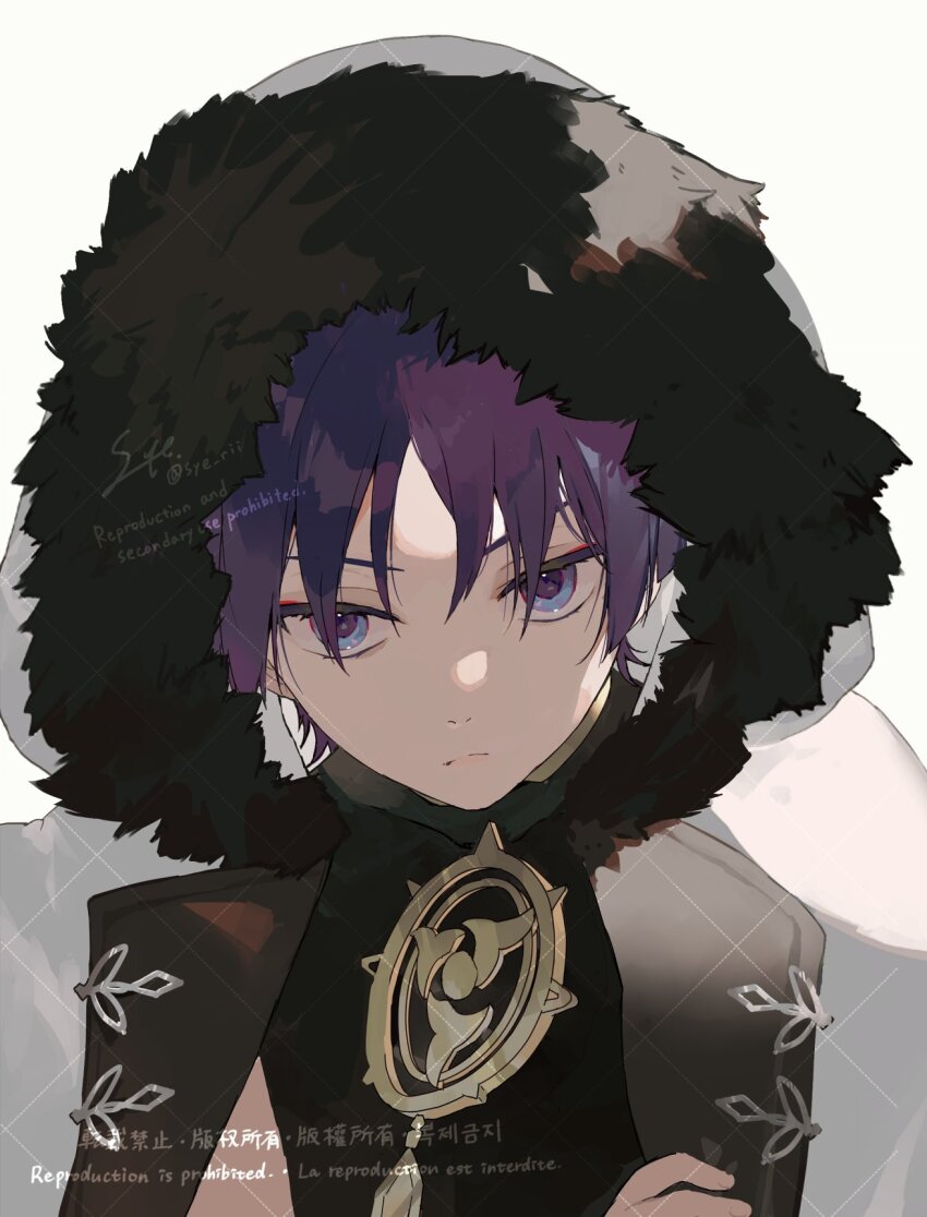1boy black_bodysuit blunt_ends bodysuit closed_mouth coat eyeliner eyeshadow fur-trimmed_hood fur_trim genshin_impact gold hair_over_eyes highres hood hood_up lapels looking_at_viewer loose_hair_strand makeup male_focus mitsudomoe_(shape) open_clothes open_coat parted_bangs purple_eyes purple_hair red_eyeliner red_eyeshadow scaramouche_(genshin_impact) signature solo syerii tomoe_(symbol) twitter_username watermark white_background white_coat winter_clothes winter_coat