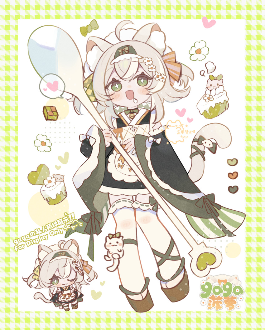 1girl :d ;3 absurdres ahoge animal_ear_fluff animal_ears artist_name blush_stickers border brown_sandals cat_ears cat_girl cat_tail chibi chinese_commentary closed_mouth commentary_request cupcake double-parted_bangs food full_body gaga_(user_ynuk5738) green_border green_eyes green_kimono grey_hair heart highres holding holding_spoon japanese_clothes kimono long_sleeves medium_hair multiple_views okobo one_eye_closed open_mouth original oversized_object platform_sandals ribbon-trimmed_thighhighs ribbon_trim sandals simple_background smile spoken_heart spoon standing tabi tail thighhighs watermark white_background white_thighhighs wide_sleeves