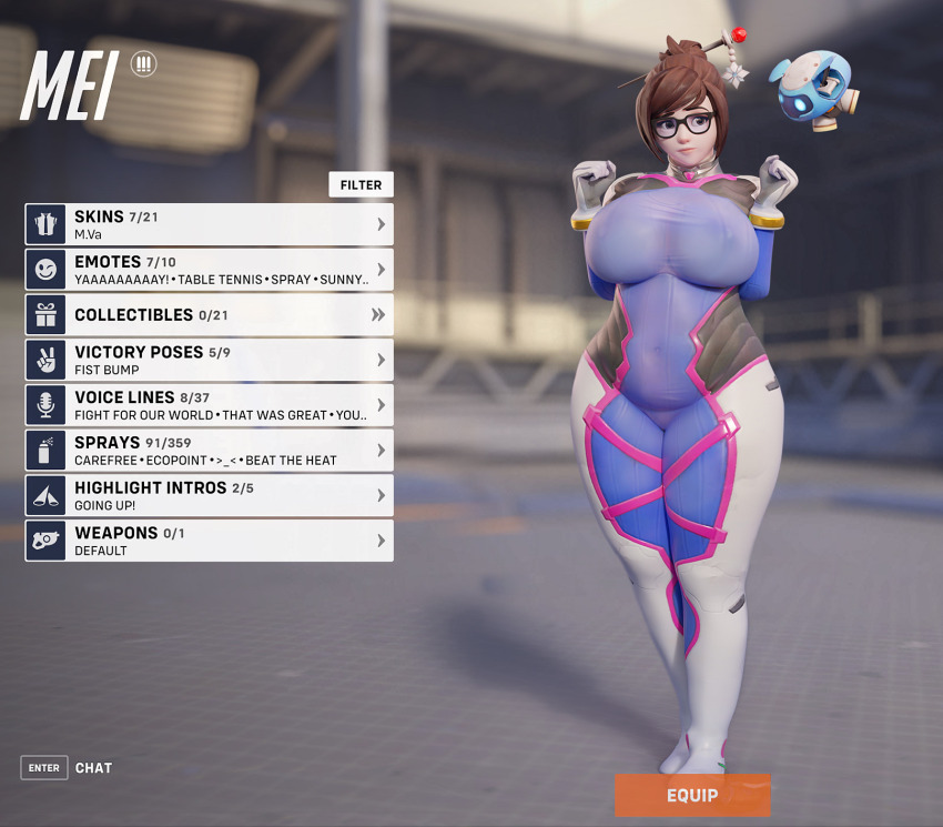 1girl 3d black-framed_eyewear blurry bodysuit breasts brown_eyes brown_hair character_name commentary cosplay covered_erect_nipples covered_navel curvy d.va_(overwatch) d.va_(overwatch)_(cosplay) depth_of_field english_commentary english_text fake_screenshot fugtrup full_body glasses hair_bun hair_ornament hair_stick highres huge_breasts mei_(overwatch) overwatch protected_link single_hair_bun snowball_(overwatch) solo standing wide_hips