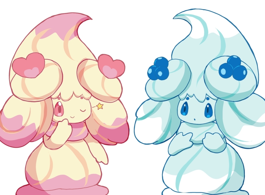 2girls :o alcremie alcremie_(berry_sweet) alcremie_(love_sweet) alcremie_(mint_cream) alcremie_(ruby_swirl) arm_at_side blonde_hair blue_eyes blue_hair blue_skin blueberry_hair_ornament closed_mouth colored_skin eye_contact female_focus food-themed_hair_ornament gen_8_pokemon hair_ornament hand_up hands_up happy heart heart_hair_ornament long_hair looking_at_another monya multicolored_hair multiple_girls nintendo one_eye_closed open_mouth pink_eyes pink_hair pokemon pokemon_(creature) sidelocks simple_background smile standing star_(symbol) two-tone_hair white_background white_hair wink yellow_skin