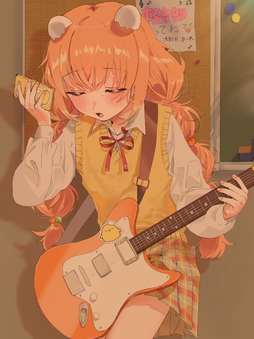 1girl :o blush braid brown_skirt bulletin_board cellphone chalkboard closed_eyes collared_shirt commentary_request cowboy_shot crossed_bangs cube_hair_ornament egg_hair_ornament electric_guitar food-themed_hair_ornament guitar hair_between_eyes hair_bobbles hair_ornament hand_up highres holding holding_guitar holding_instrument holding_phone indoors instrument kirara_tamako long_hair long_sleeves neck_ribbon nijisanji nijuumaru_(kk_ua4) open_mouth orange_hair paper phone plaid_clothes plaid_skirt pleated_skirt pushpin red_ribbon ribbon school_uniform shirt sidelocks skirt smartphone solo standing sticker sweat sweater_vest twin_braids virtual_youtuber white_shirt yellow_sweater_vest