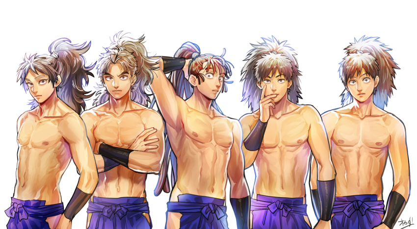 5boys brown_eyes brown_hair collage collarbone constricted_pupils crossed_arms fuwa_raizou hachiya_saburou hakama hakama_skirt highres hip_vent japanese_clothes kukuchi_heisuke long_hair male_focus multiple_boys ohama_kan&#039;emon okada_(hoooojicha) pectorals ponytail rakudai_ninja_rantarou settsuno_kirimaru skirt taira_no_takiyashamaru takeya_hachizaemon toned topless_male vambraces