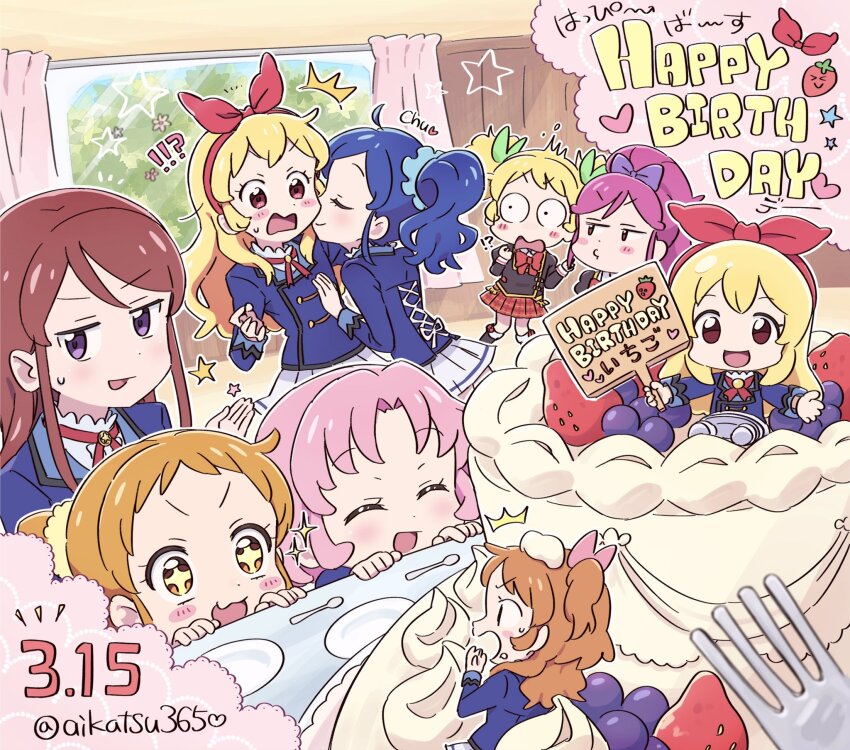 !? :d aikatsu! aikatsu!_(series) aikatsu365 arisugawa_otome birthday birthday_cake black_shirt blonde_hair blue_hair blue_scrunchie blue_shirt blush bow bow_hairband cake chibi closed_eyes constricted_pupils dated dot_nose dream_academy_school_uniform food fruit green_bow hair_bow hair_ornament hair_scrunchie hairband hand_up hands_up happy_birthday highres hoshimiya_ichigo jitome kiriya_aoi kiss kitaoji_sakura long_hair long_sleeves looking_at_viewer no_nose one_side_up open_mouth orange_hair otoshiro_seira ozora_akari pink_bow pink_hair plaid_clothes plaid_skirt pleated_skirt ponytail puckered_lips purple_bow purple_eyes red_bow red_eyes red_hair red_hairband red_skirt saegusa_kii school_uniform scrunchie shibuki_ran shirt short_hair side_ponytail skirt smile star-shaped_pupils star_(symbol) starlight_academy_school_uniform straight_hair strawberry surprised sweatdrop symbol-shaped_pupils twintails twitter_username v-shaped_eyebrows wavy_hair wavy_mouth
