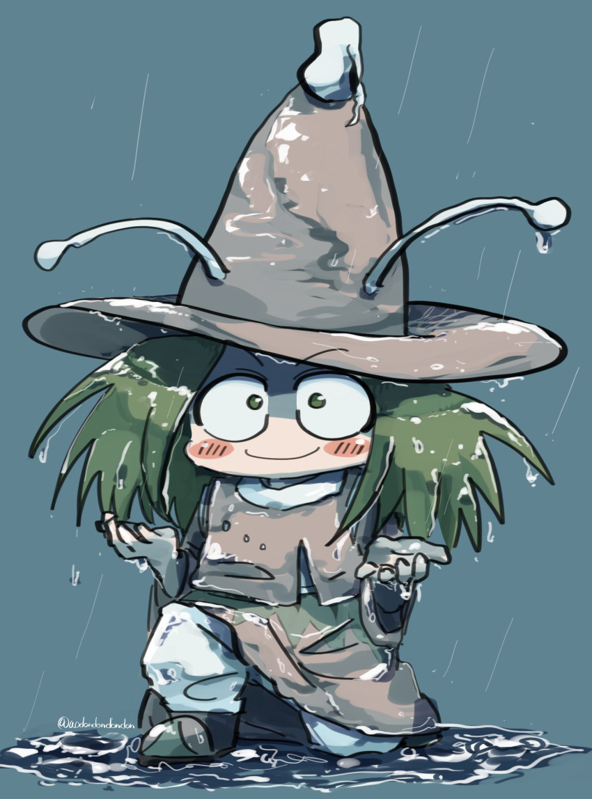 1other amanomori_shou androgynous antennae aodo_mikan blue_background blush_stickers brown_hat brown_shoes brown_skirt brown_sleeves brown_vest closed_mouth commentary_request detached_sleeves full_body green_eyes green_hair happy hat highres japanese_clothes len&#039;en long_hair long_sleeves looking_at_viewer medium_skirt messy_hair on_one_knee other_focus pants pants_under_skirt pointy_footwear puddle rain shaded_face shirt shoes simple_background skirt smile solo turtleneck turtleneck_shirt twitter_username vest wet white_pants white_shirt wide-eyed wide_sleeves