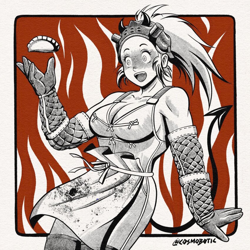 1girl apron blood blood_on_clothes breasts collarbone commentary csmbtc demon_tail dorohedoro dress dumpling elbow_gloves english_commentary fire floating_food food gloves highres jiaozi large_breasts long_hair monochrome nikaidou_(dorohedoro) open_mouth solo tail toned toned_female