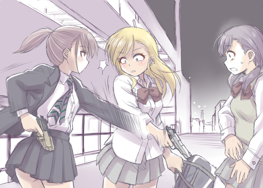 3girls black_hair blonde_hair brown_eyes brown_hair collateral commentary constricted_pupils ebifly gun handgun highres holster long_hair multiple_girls necktie original parody ponytail school_uniform short_ponytail twintails weapon