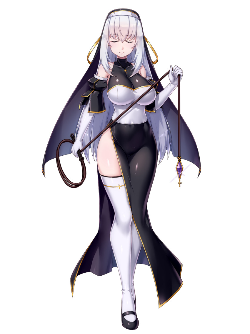 1girl bare_shoulders breasts closed_eyes cocytus_(wind_master) copyright_request elbow_gloves full_body gloves habit highres holding holding_whip impossible_clothes large_breasts long_hair looking_at_viewer nun shiny_clothes side_slit solo standing thighhighs whip white_background white_gloves white_hair