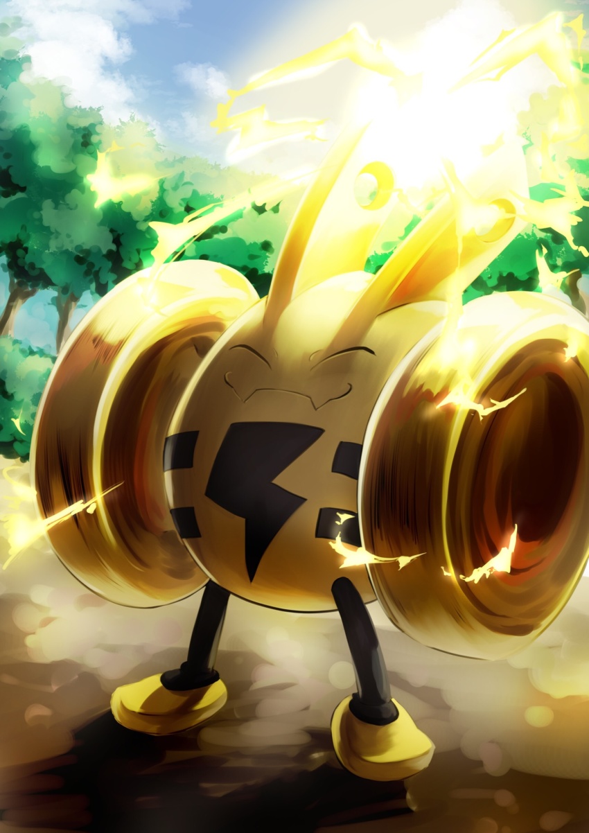 bush closed_eyes closed_mouth cloud commentary_request day electricity elekid fangs gen_2_pokemon highres nintendo no_humans outdoors pokemon pokemon_(creature) sky smile solo spinning standing tree yuro_(mangasukinoyuro)