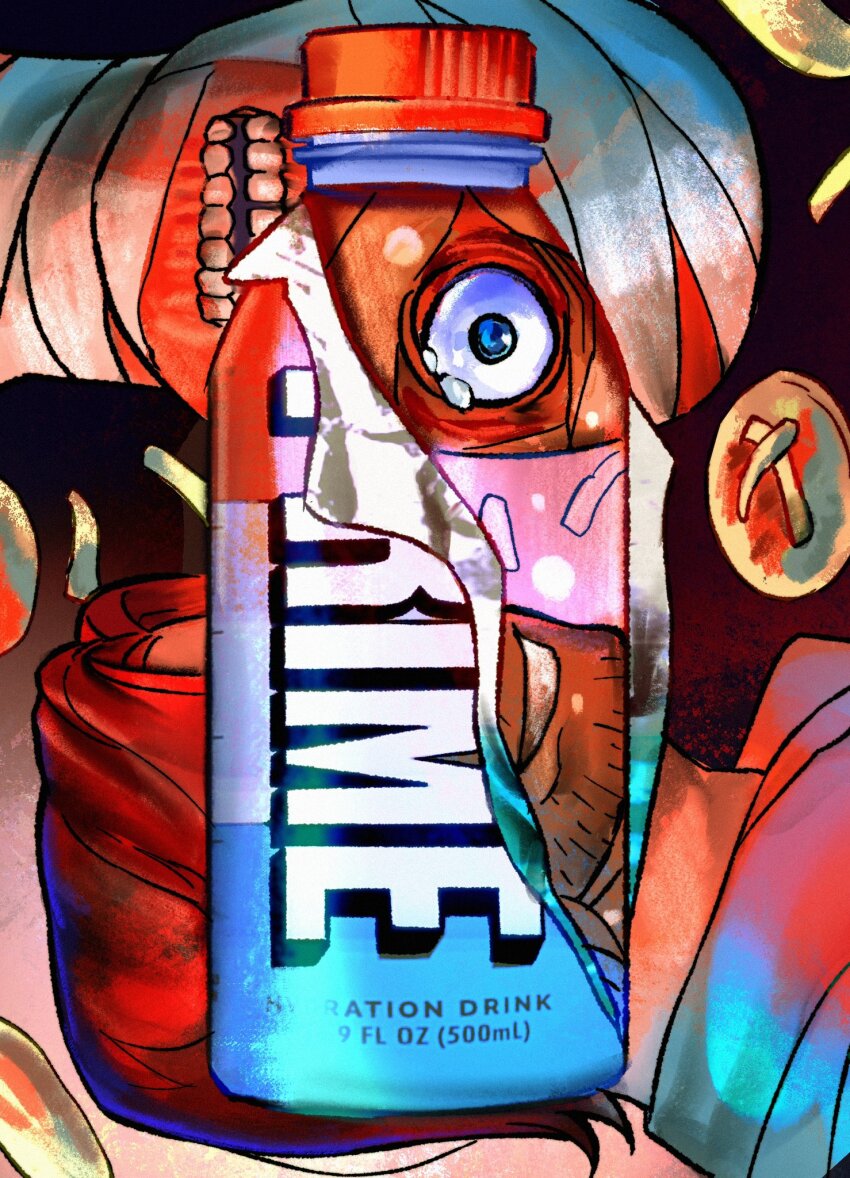 2boys bandaged_head bandages beard_stubble blue_eyes blue_jumpsuit bottle covered_eyes curly_(mouthwashing) curly_(post-crash)_(mouthwashing) disfigured drink dule_(anhaidule) exposed_muscle facial_hair food grin highres hospital_gown jimmy_(mouthwashing) jumpsuit lunchly male_focus mold mouthwashing multiple_boys no_lips no_skin pizza prime_(drink) shirt skinned smile stubble surgical_gown
