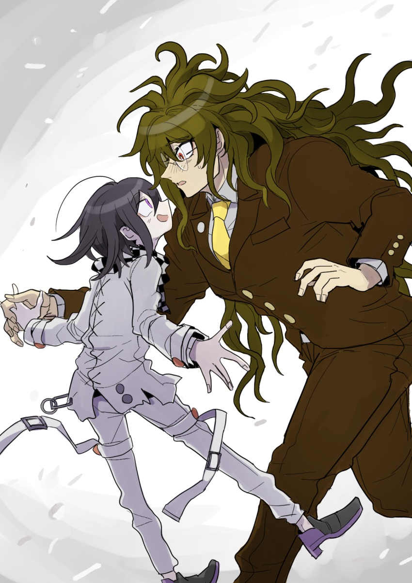 2boys black_hair black_shoes brown_jacket brown_pants checkered_clothes checkered_scarf collared_shirt danganronpa_(series) danganronpa_v3:_killing_harmony eye_contact glasses gokuhara_gonta green_hair highres holding_hands jacket kumakoro_(tetsupag) long_hair long_sleeves looking_at_another male_focus messy_hair multiple_boys necktie oma_kokichi open_mouth pants red_eyes scarf shirt shoes short_hair very_long_hair white_pants white_shirt yellow_necktie