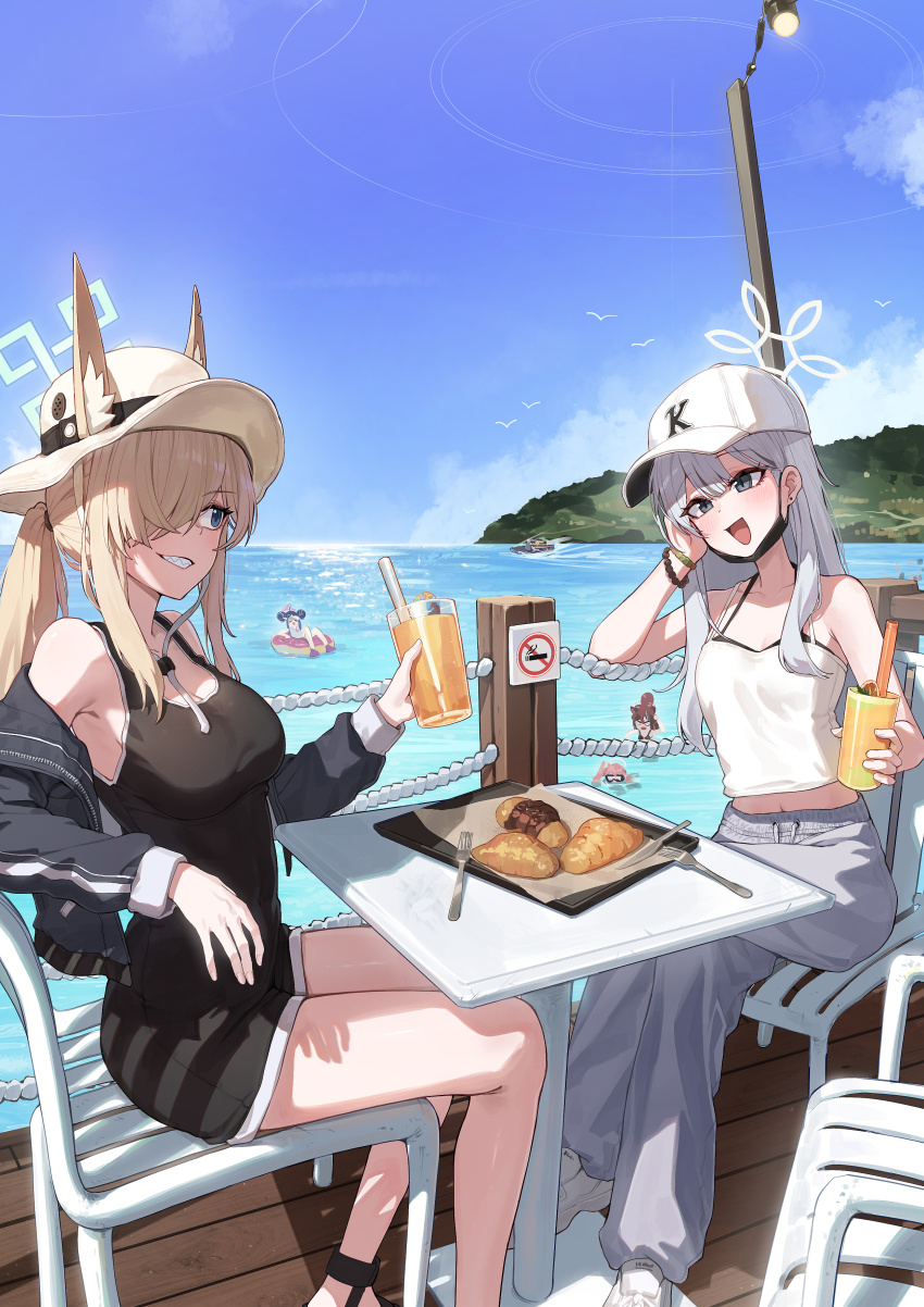 5girls absurdres alternate_costume alternate_hairstyle animal_ear_fluff animal_ears bare_shoulders baseball_cap bikini black_bikini black_hair black_jacket black_mask black_shoes black_shorts black_tank_top blank_eyes blonde_hair blue_archive blue_eyes blue_hair blush closed_eyes cup dog_ears dog_girl double_bun drink food fubuki_(blue_archive) fubuki_(swimsuit)_(blue_archive) goggles grin hair_behind_ear hair_between_eyes hair_bun hair_over_one_eye hat highres holding holding_cup holding_drink jacket kanna_(blue_archive) kazusa_(blue_archive) kokukyukeo konoka_(blue_archive) long_hair looking_at_another multiple_girls natsu_(blue_archive) ocean octopus official_alternate_costume official_alternate_hairstyle one-piece_swimsuit open_mouth pants pink_hair ponytail purple_shoes shoes shorts side_ponytail sidelocks smile sun_hat swim_goggles swim_ring swimsuit tank_top visor_cap white_hair white_hat white_one-piece_swimsuit white_pants white_shoes white_tank_top yellow_hat