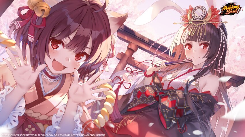 2girls absurdres animal_ears bead_bracelet beads bell bracelet brown_hair cat_ears cherry_blossoms choker copyright_logo day dutch_angle fan_to_mouth fang folded_fan folding_fan hair_bell hair_ornament hand_fan hands_up highres holding holding_fan ichihime japanese_clothes jewelry kaguyahime_(mahjong_soul) kimono lace-trimmed_choker lace_trim looking_at_viewer mahjong_soul misaki_kurehito multiple_girls official_art outdoors petals pink_petals rabbit_ears red_eyes red_nails skin_fang smile tassel torii