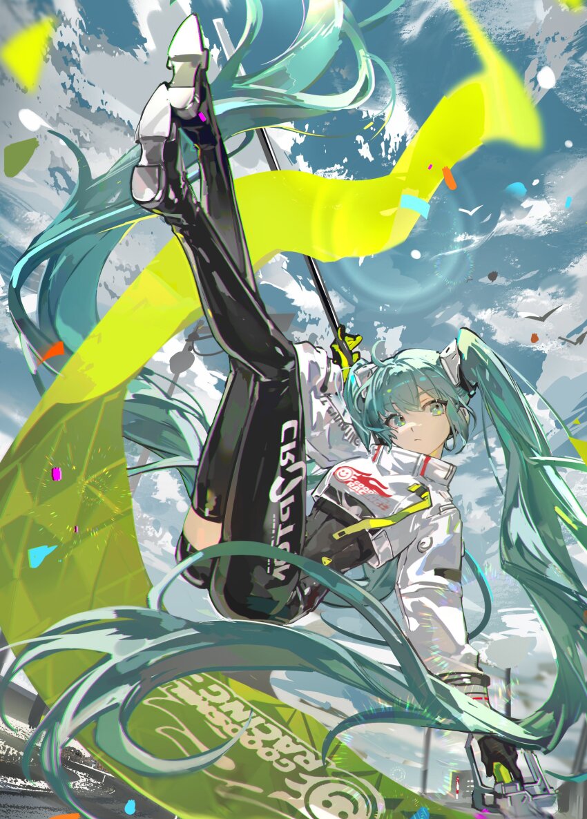 absurdres asymmetrical_legwear black_bodysuit bodysuit boots flag gloves goodsmile_racing green_eyes green_flag green_gloves green_hair hair_between_eyes hatsune_miku highres holding holding_flag long_hair mento racing_miku racing_miku_(2022) single_thigh_boot thigh_boots twintails uneven_legwear vocaloid