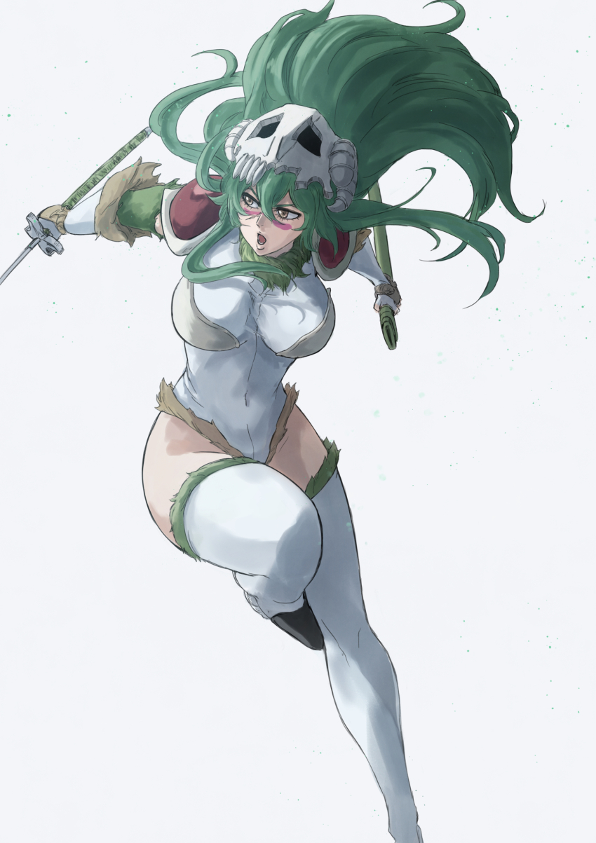 1girl absurdres arrancar bleach bleach:_sennen_kessen-hen breasts commentary_request covered_navel facial_mark fighting_stance floating_hair foot_out_of_frame fur-trimmed_thighhighs fur_trim green_hair hair_between_eyes highleg highleg_leotard highres holding holding_scabbard holding_sword holding_weapon hollow_(bleach) katana large_breasts leotard long_hair looking_to_the_side mask mitarashi_(5333069) navel nelliel_tu_odelschwanck open_mouth skull skull_mask skull_on_head solo standing standing_on_one_leg sword thighhighs weapon white_leotard white_thighhighs