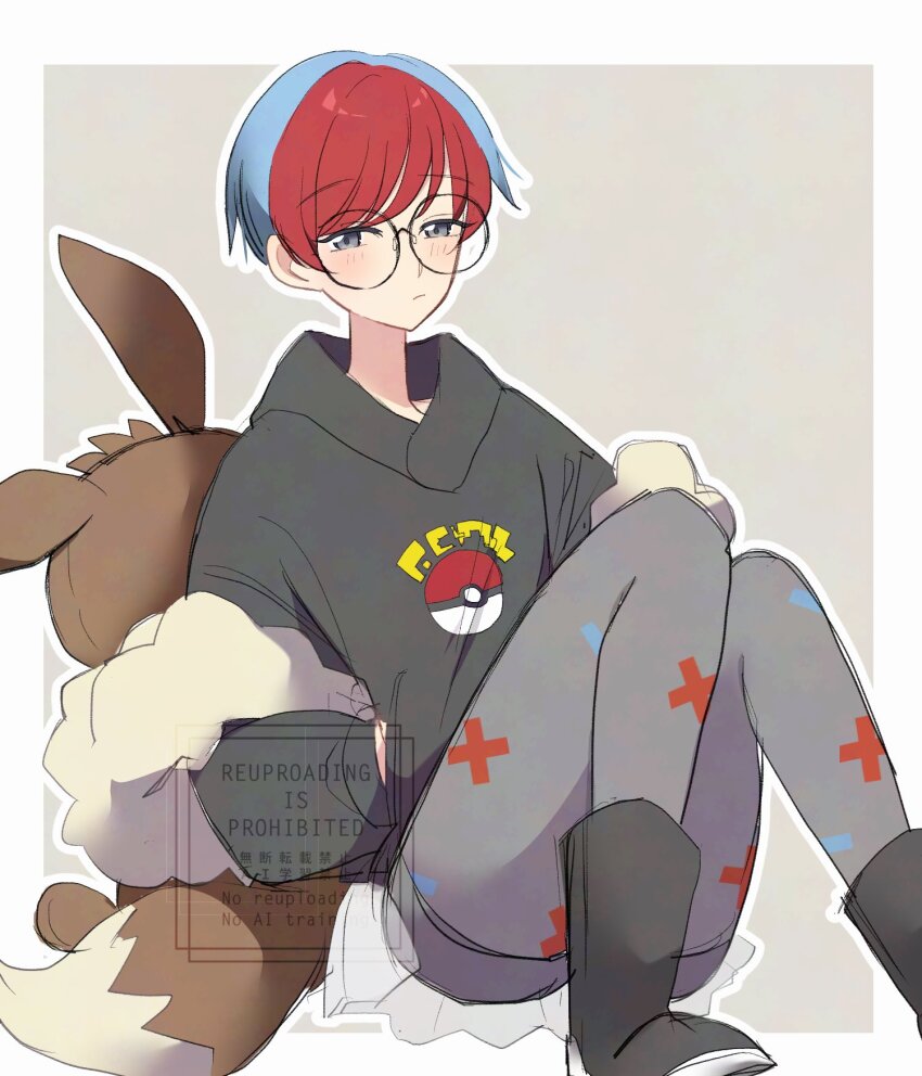 1girl backpack bag black_hoodie blue_hair blush brown_bag closed_mouth eevee_backpack glasses grey_eyes highres hood hoodie long_sleeves multicolored_hair nintendo ohn_pkmn pantyhose penny_(pokemon) pokemon pokemon_sv print_pantyhose red_hair round_eyewear school_uniform shirt short_hair team_star two-tone_hair