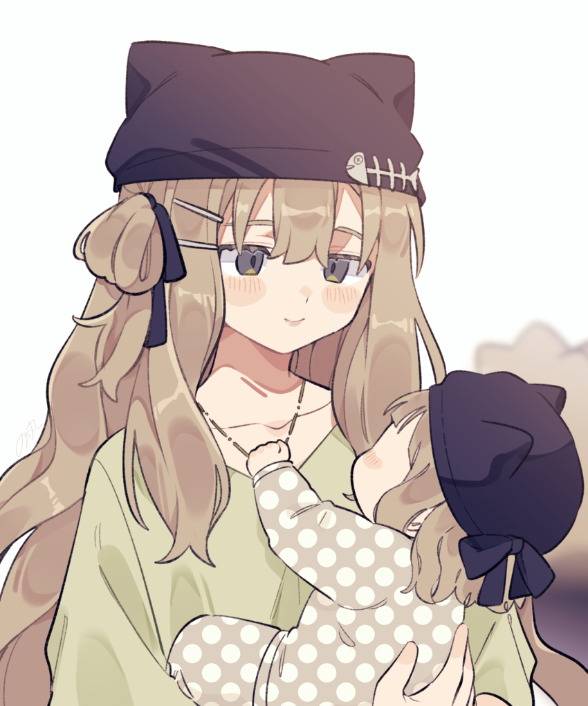 2girls animal_ear_headwear animal_ears baby beanie black_hat blush_stickers brown_hair carrying carrying_baby carrying_person cat_ears closed_mouth commentary_request fake_animal_ears green_shirt grey_eyes hat highres kipfel_(vrchat) long_hair long_sleeves mother_and_daughter multiple_girls notamaru_2 one_side_up polka_dot polka_dot_shirt shirt simple_background smile upper_body vrchat white_background