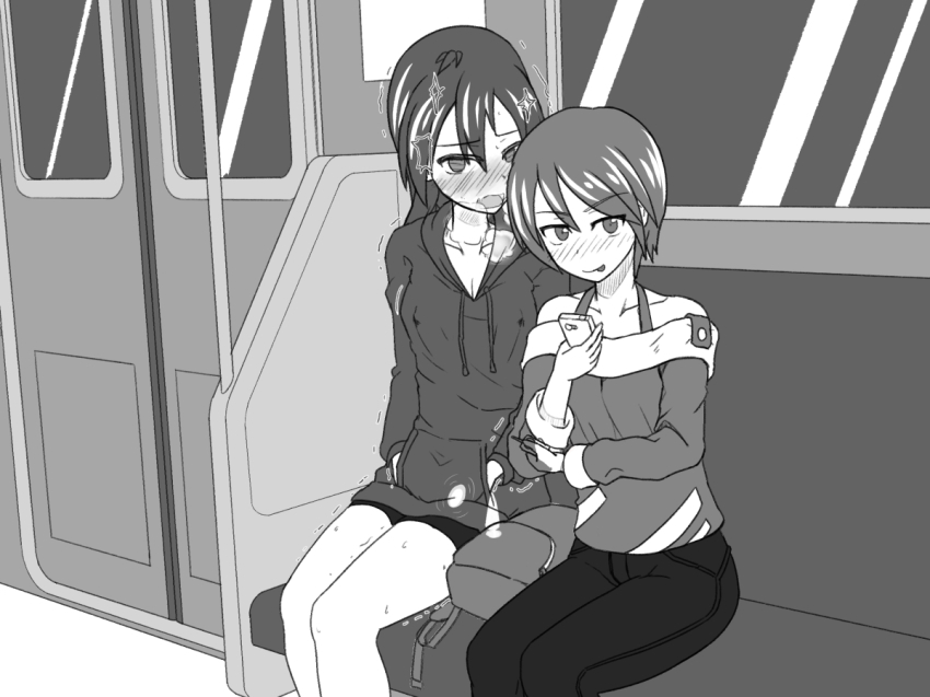 2girls anal anal_object_insertion bare_shoulders bike_shorts blush breasts breath butt_plug cellphone cleavage closed_mouth collarbone controller covered_erect_nipples denim discreet_vibrator door egg_vibrator empty_eyes female_focus greyscale hair_between_eyes halcyon_(halcyon90) hand_up hands_in_pockets happy heavy_breathing holding holding_phone hood hoodie jeans legs_together looking_at_viewer monochrome multiple_girls nose_blush object_insertion off_shoulder open_mouth original pants phone remote_control remote_control_vibrator saliva sex_toy shirt short_hair sitting small_breasts smile tongue tongue_out train_interior trembling vaginal vaginal_object_insertion vibrator vibrator_under_clothes window x-ray yuri