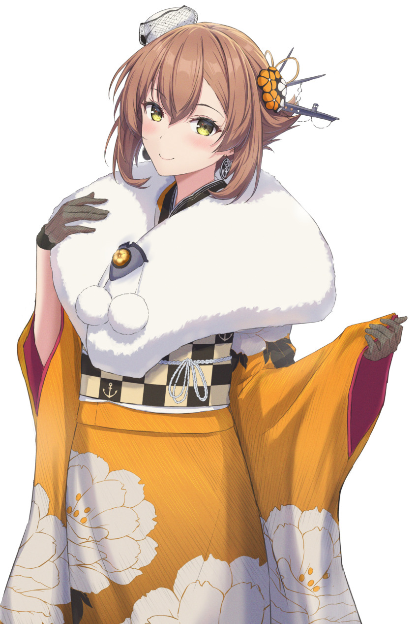 1girl absurdres anchor_earrings black_gloves blush brown_hair earrings flipped_hair floral_print fur_trim gloves green_eyes hair_between_eyes headgear highres japanese_clothes jewelry kantai_collection kimono looking_at_viewer monoku mutsu_(kancolle) mutsu_(new_year)_(kancolle) obi official_alternate_costume orange_kimono sash short_hair simple_background smile solo white_background