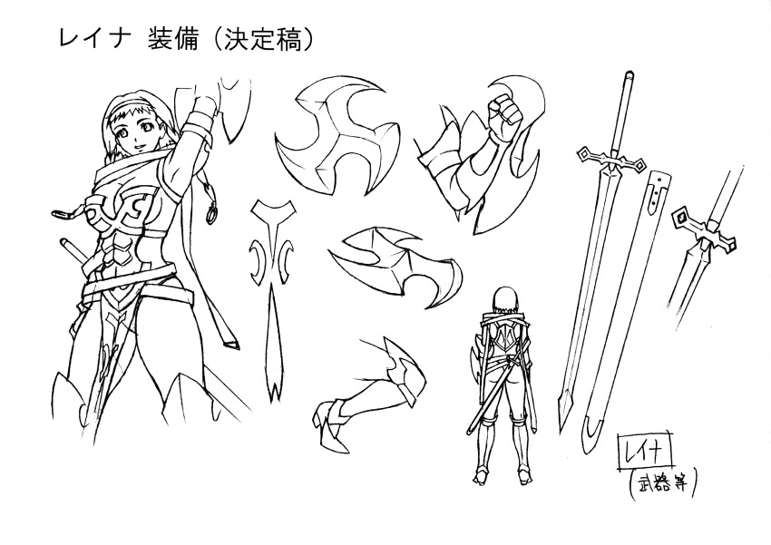 1girl absurdres armor ass braid breastplate breasts buckle reference_sheet cleavage close-up curvy female_focus full_body hairband highres hisayuki_hirokazu large_breasts leina_(queen&#039;s_blade) monochrome multiple_views official_art queen&#039;s_blade revealing_clothes scan shield shiny_skin smile standing sword thong twin_braids weapon wide_hips