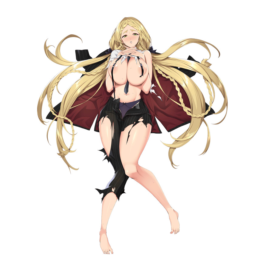 1girl :o areola_slip barefoot between_breasts black_bow black_jacket black_necktie black_pants blonde_hair blush bow braid breasts breasts_squeezed_together collared_shirt convenient_censoring defeat full_body gangster green_eyes groin hair_bow hands_on_own_chest highres huge_breasts interlocked_fingers jacket jacket_on_shoulders kloah knees_together_feet_apart last_origin lips long_hair looking_at_viewer lying navel necktie necktie_between_breasts no_bra nymph_(last_origin) official_alternate_costume official_art on_back own_hands_clasped own_hands_together panties pants parted_lips pinstripe_jacket pinstripe_pants pinstripe_pattern purple_panties ribbon-trimmed_panties ribbon_trim shirt simple_background solo striped suspenders sweat tachi-e teeth thick_thighs thighs third-party_source torn_clothes torn_pants torn_shirt transparent_background underwear unzipped white_shirt