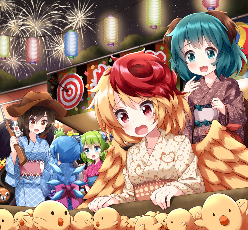 5girls animal_ears animal_print belt bird bird_print blonde_hair blue_belt blue_bow blue_dress blue_eyes blue_kimono blue_sleeves bow box breasts brown_dress brown_eyes brown_hair brown_headwear brown_kimono brown_sleeves cat chick cirno commentary_request cowboy_hat daiyousei dog_ears dog_print dog_tail dress duplicate festival fireworks green_eyes green_hair gun hair_between_eyes hair_bow hands_up hat highres japanese_clothes kasodani_kyouko kimono kurokoma_saki long_hair long_sleeves looking_at_another looking_to_the_side mask medium_breasts multicolored_bow multicolored_hair multiple_girls night night_sky niwatari_kutaka one_side_up open_mouth orange_belt paw_print pink_belt pink_bow pink_dress pink_kimono pink_sleeves pixel-perfect_duplicate ponytail red_eyes red_hair ruu_(tksymkw) short_hair short_ponytail sky smile star_(sky) starry_sky striped_bow tail too_many too_many_chicks touhou tree weapon white_belt white_bow wide_sleeves wings yellow_bow yellow_dress yellow_kimono yellow_sleeves