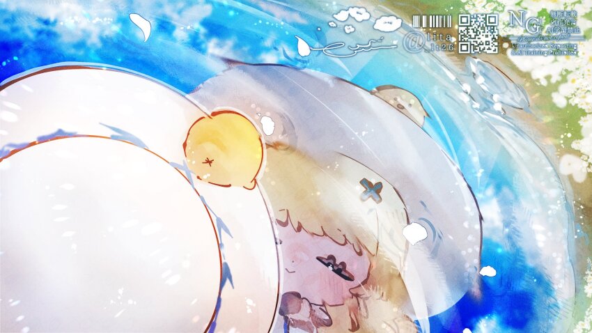 1girl :&gt; animal animal_on_head bird bird_on_head black_gloves blonde_hair chibi chibi_only chick closed_eyes closed_mouth commentary_request gloves hair_ornament hat highres long_hair looking_at_reflection lt26 on_head outdoors phoebe_(wuthering_waves) reflection reflective_water solo water white_hat wuthering_waves x_hair_ornament