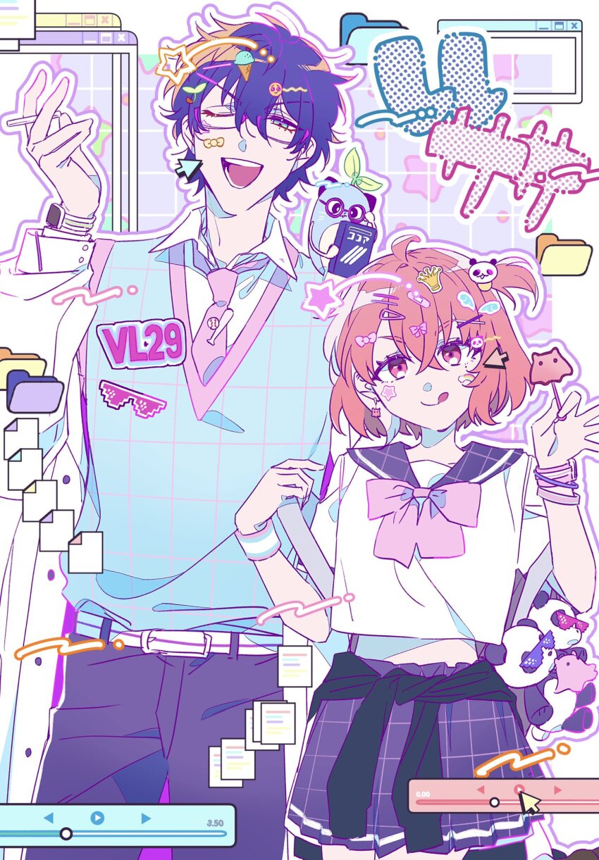 1boy 1girl :q ahoge animal animal_on_shoulder aqua_eyes belt black_pants black_sailor_collar black_skirt blue_hair blue_sweater_vest bow cigarette cigarette_pack clothes_around_waist collared_shirt commentary cursor earrings gagake_v hair_ornament hairclip hands_up highres holding holding_cigarette holding_cigarette_pack jacket jacket_around_waist jewelry leos_vincent looking_at_viewer mameneko_(leos_vincent) multicolored_wristband necktie nijisanji one_eye_closed one_side_up outline pants pink_bow pink_eyes pink_hair pink_necktie purple_outline sailor_collar sasaki_saku school_uniform shirt short_hair skirt sticker_on_face sticker_on_hair sweater_vest symbol-only_commentary tongue tongue_out virtual_youtuber white_belt white_outline white_shirt window_(computing) wristband