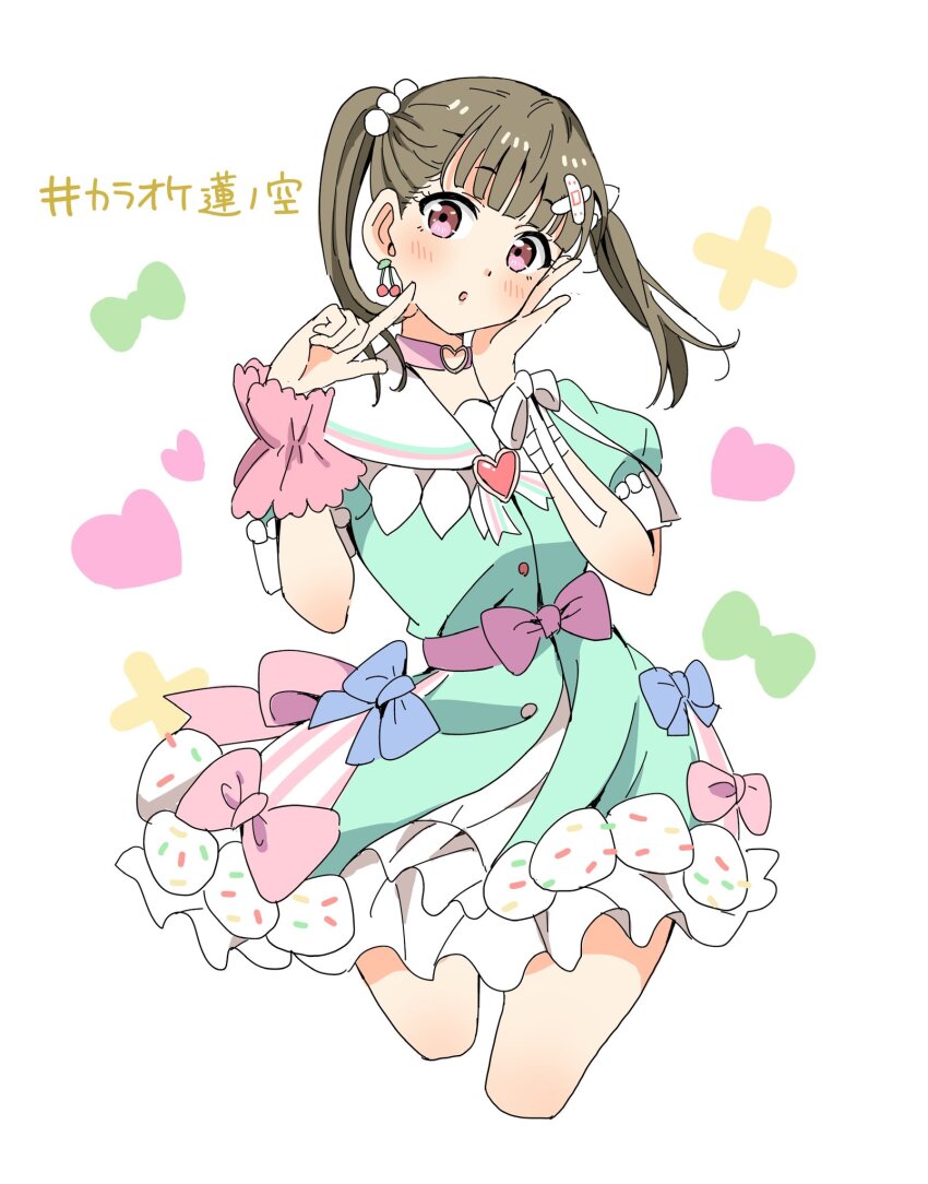 1girl :o aqua_dress bandaged_arm bandages bandaid bandaid_hair_ornament bien_(djpwjd1) blush brown_hair choker commentary_request cosplay cropped_legs dress finger_to_cheek fujishima_megumi fujishima_megumi_(cosplay) hair_bobbles hair_ornament hakuchu_a_la_mode hand_on_own_cheek hand_on_own_face hashtag heart heart_o-ring heart_ring_choker highres kachimachi_kosuzu karaoke_hasu_no_sora link!_like!_love_live! looking_at_viewer love_live! medium_hair o-ring o-ring_choker parted_lips pink_choker pink_eyes puffy_short_sleeves puffy_sleeves sailor_collar sailor_dress short_dress short_sleeves solo standing straight_hair translation_request twintails virtual_youtuber white_sailor_collar x_hair_ornament