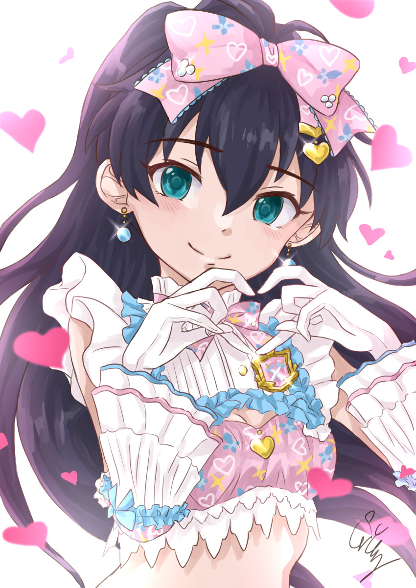 1girl absurdres black_hair blue_eyes blush bow bowtie breasts cleavage_cutout closed_mouth clothing_cutout commentary_request crop_top detached_sleeves frilled_shirt frilled_sleeves frills ganaha_hibiki gloves hair_bow heart heart_hands high_ponytail highres idolmaster idolmaster_(classic) idolmaster_starlit_season long_hair looking_at_viewer midriff pink_bow pink_bowtie ponytail print_bow print_bowtie shirt sleeveless sleeveless_shirt smile solo sweet_dolls_(idolmaster) toshiki74_p upper_body white_background white_gloves