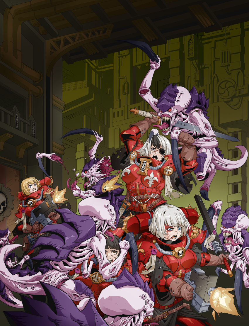 4girls absurdres adepta_sororitas alien armor battle black_claws black_hair blonde_hair blood blood_on_face blue_eyes bolter boobplate breastplate chainsword claws commentary dismemberment dual_wielding english_commentary eyepatch facial_scar firing grey_hair highres holding holding_sword holding_weapon huge_claws in_the_face multiple_girls multiple_others muzzle_flash one-eyed pale_skin power_armor purity_seal red_armor rmulderz scar scar_across_eye scar_on_cheek scar_on_face severed_limb sharp_teeth surrounded sword teeth tyranid tyranid_warrior warhammer_40k weapon