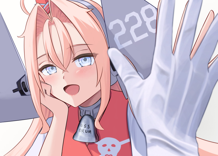 1girl 1other absurdres bell coat collar drum_(kancolle) garrison_cap grey_eyes hand_on_own_face hat headgear highres kantai_collection l_meet looking_at_viewer metal_collar neck_bell open_mouth palms_together red_hat simple_background skull_print smile upper_body white_background white_coat