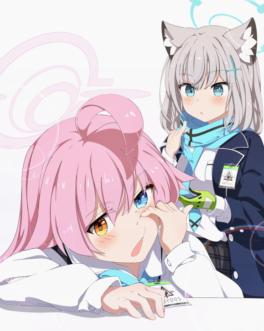 2girls :o ahoge animal_ear_fluff animal_ears black_jacket blue_archive blue_eyes blue_halo blue_necktie blue_scarf blush bright_pupils commentary cross_hair_ornament eyes_visible_through_hair finger_to_own_nose gloves green_gloves grey_hair hair_between_eyes hair_ornament halo hand_up heterochromia highres hoshino_(blue_archive) huge_ahoge id_card jacket kame_(nokonoko10271) lens_flare long_hair looking_at_another looking_at_viewer medium_hair mismatched_pupils multiple_girls necktie open_clothes open_jacket open_mouth orange_eyes pink_hair pink_halo pinky_out scarf shiroko_(blue_archive) shirt simple_background single_glove upper_body white_background white_pupils white_shirt wolf_ears wolf_girl