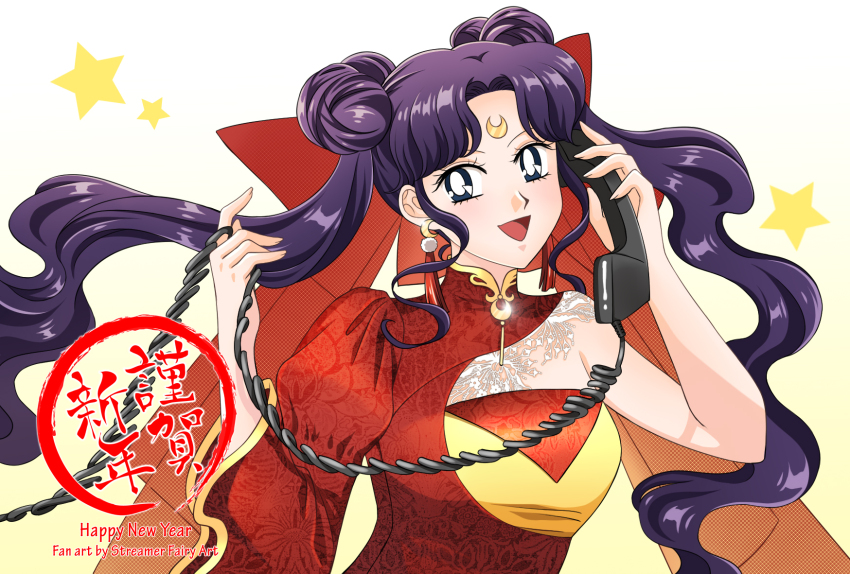 asymmetrical_sleeves bishoujo_senshi_sailor_moon black_eyes black_hair china_dress chinese_clothes crescent crescent_earrings crescent_facial_mark curly_hair double_bun dress earrings facial_mark hair_bun highres holding holding_phone jewelry koya long_hair luna_(sailor_moon) luna_(sailor_moon)_(human) parted_bangs pearl_earrings pendant phone puffy_sleeves red_dress single_sleeve single_wide_sleeve smile very_long_hair wide_sleeves