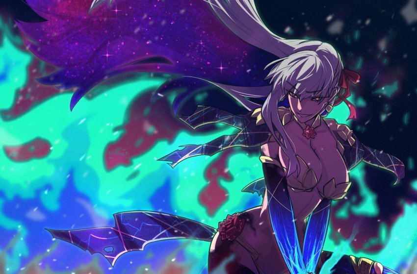 1girl armor bikini_armor blue_fire breasts fate/grand_order fate_(series) fire flower glowing green_fire hair_ribbon highres inktober kama_(fate) kama_(third_ascension)_(fate) kamuify large_breasts long_hair looking_at_viewer lotus pink_ribbon red_eyes revealing_clothes ribbon silver_hair solo star_(sky) very_long_hair