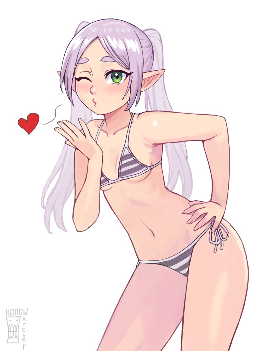 1girl absurdres bare_shoulders bikini blowing_kiss blush breasts elf frieren green_eyes grey_bikini grey_hair heart highres kiss long_hair looking_at_viewer multicolored_bikini navel one_eye_closed pointy_ears simple_background solo sousou_no_frieren stomach striped_bikini striped_clothes swimsuit twintails two-tone_bikini watcher_hollow white_bikini white_hair