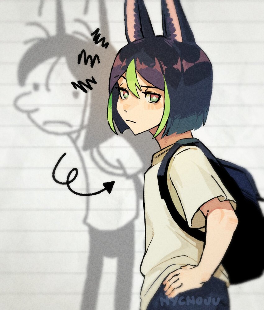 1boy actor_connection animal_ears backpack bag blue_hair cosplay dark_blue_hair dark_green_hair diary_of_a_wimpy_kid fox_ears genshin_impact greg_heffley greg_heffley_(cosplay) hand_on_own_hip highres lined_paper looking_at_viewer male_focus multicolored_eyes multicolored_hair nycnouu paper_background raised_eyebrow short_hair tighnari_(genshin_impact) voice_actor_connection